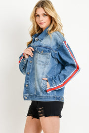 Stripe Sleeve Taped Detail Over-sized Jean Jacket* - Addict Apparel