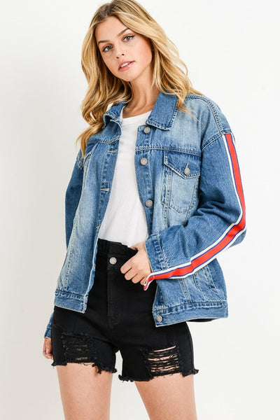 Stripe Sleeve Taped Detail Over-sized Jean Jacket* - Addict Apparel